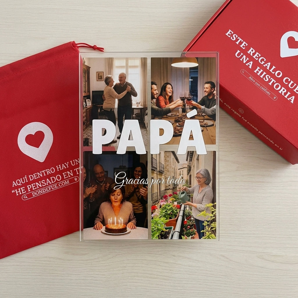 Placa de metacrilato personalizada con ocho fotos junto a la caja y la bolsa de regalo de Donde Fue