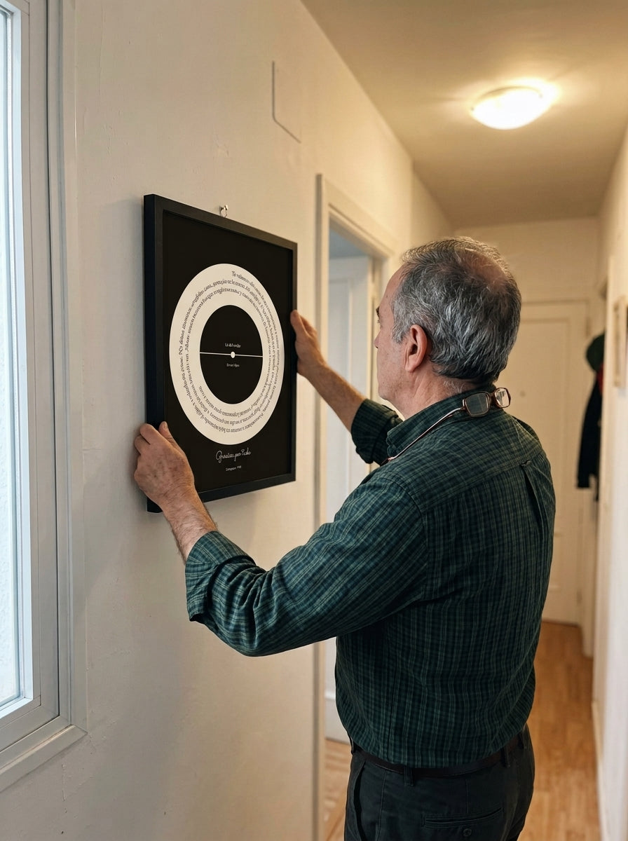 Colgando el cuadro canción personalizado del Día del Padre en la pared de casa