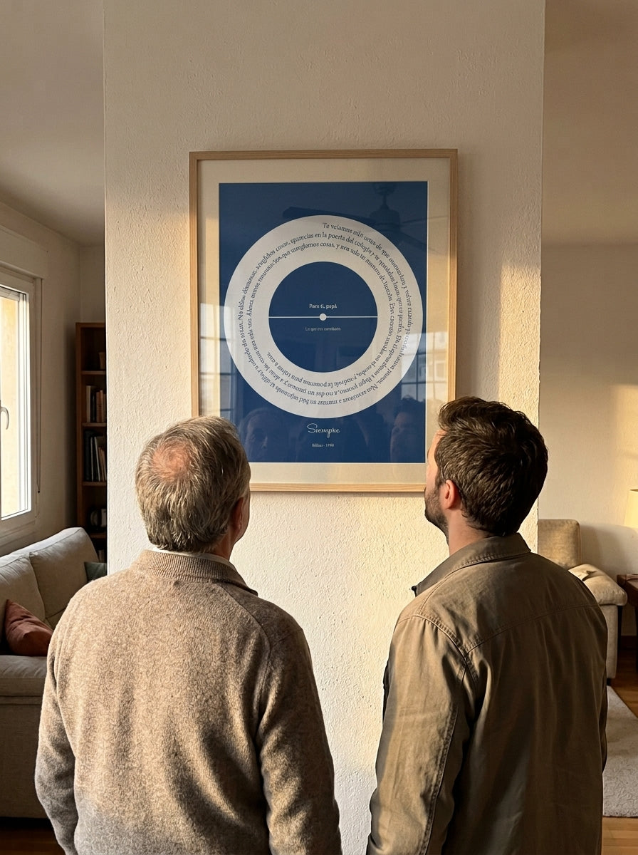 Un padre y su hijo mirando el cuadro canción personalizado del Día del Padre recién colgado