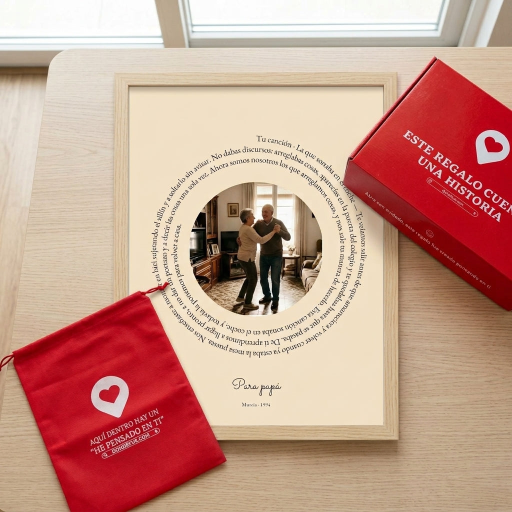 Cuadro canción personalizado del Día del Padre junto a la caja y la bolsa de regalo de Donde Fue