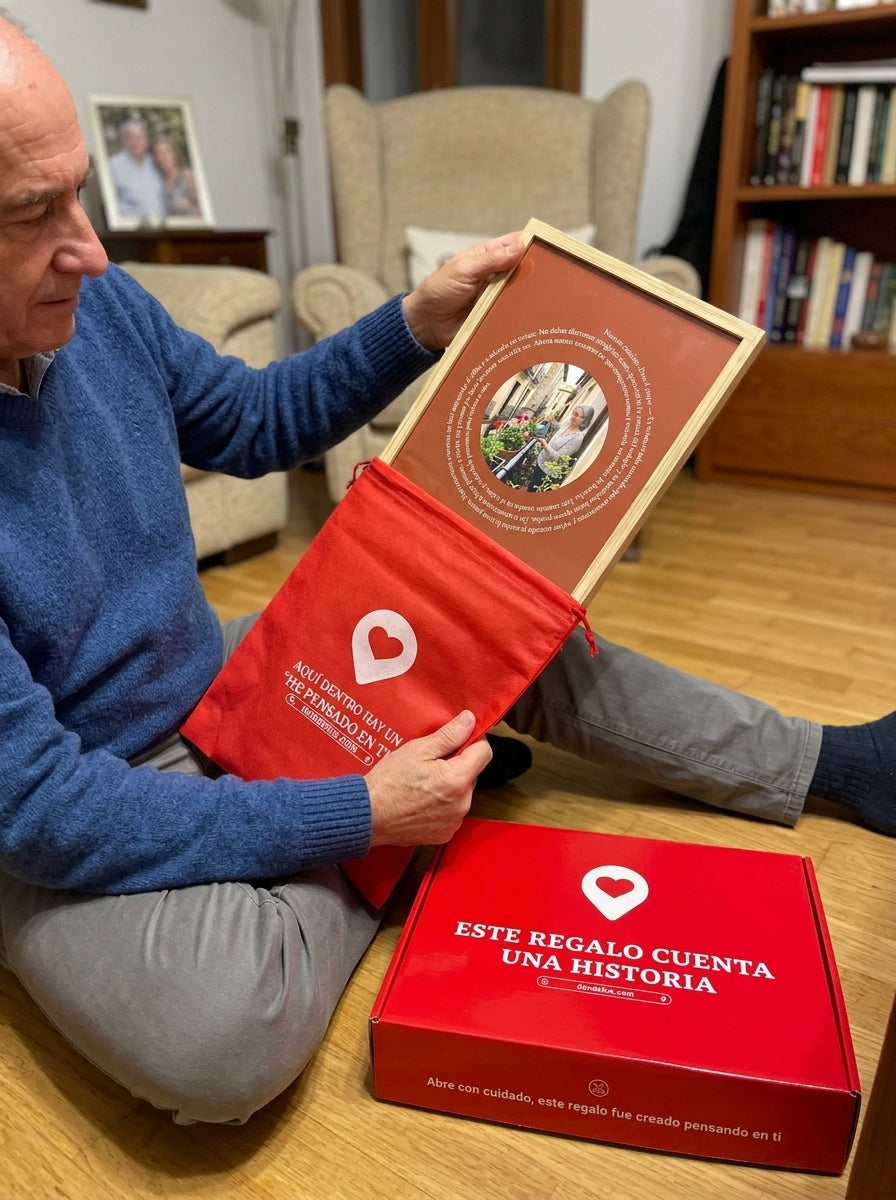 Sacando el cuadro canción personalizado del Día del Padre de la bolsa de regalo, con la caja abierta al lado