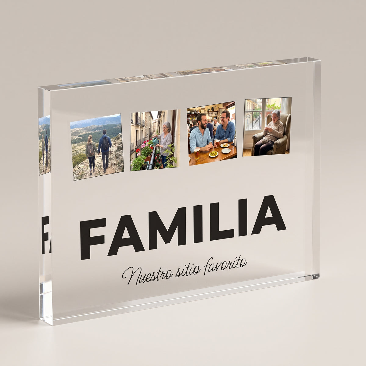 Versión en bloque macizo de 2 cm de la placa de metacrilato personalizada con la palabra y cuatro fotos, girada para ver el canto pulido
