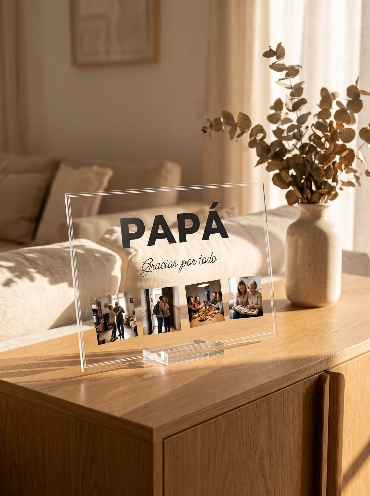 Placa de metacrilato personalizada con la palabra y cuatro fotos sobre el aparador de un salón, con la luz de la tarde entrando por la derecha