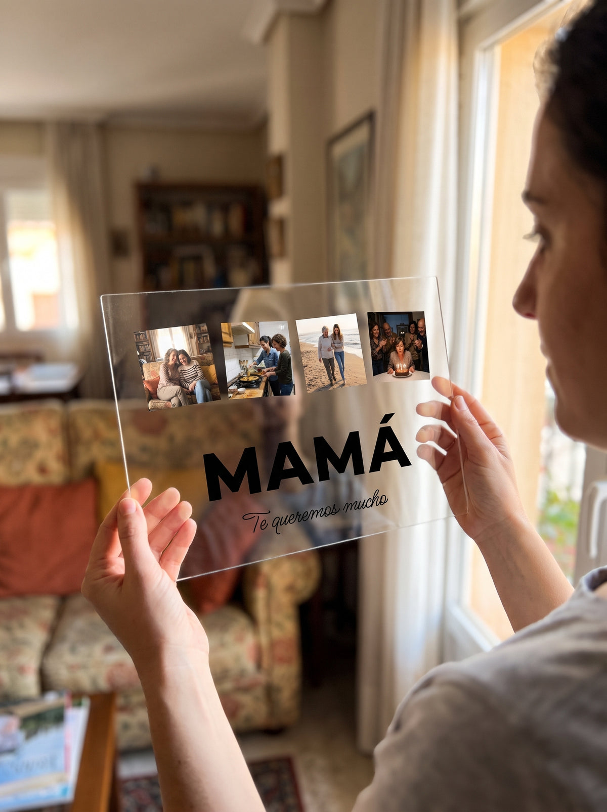 Sosteniendo la placa de metacrilato personalizada con la palabra y cuatro fotos a contraluz junto a una ventana