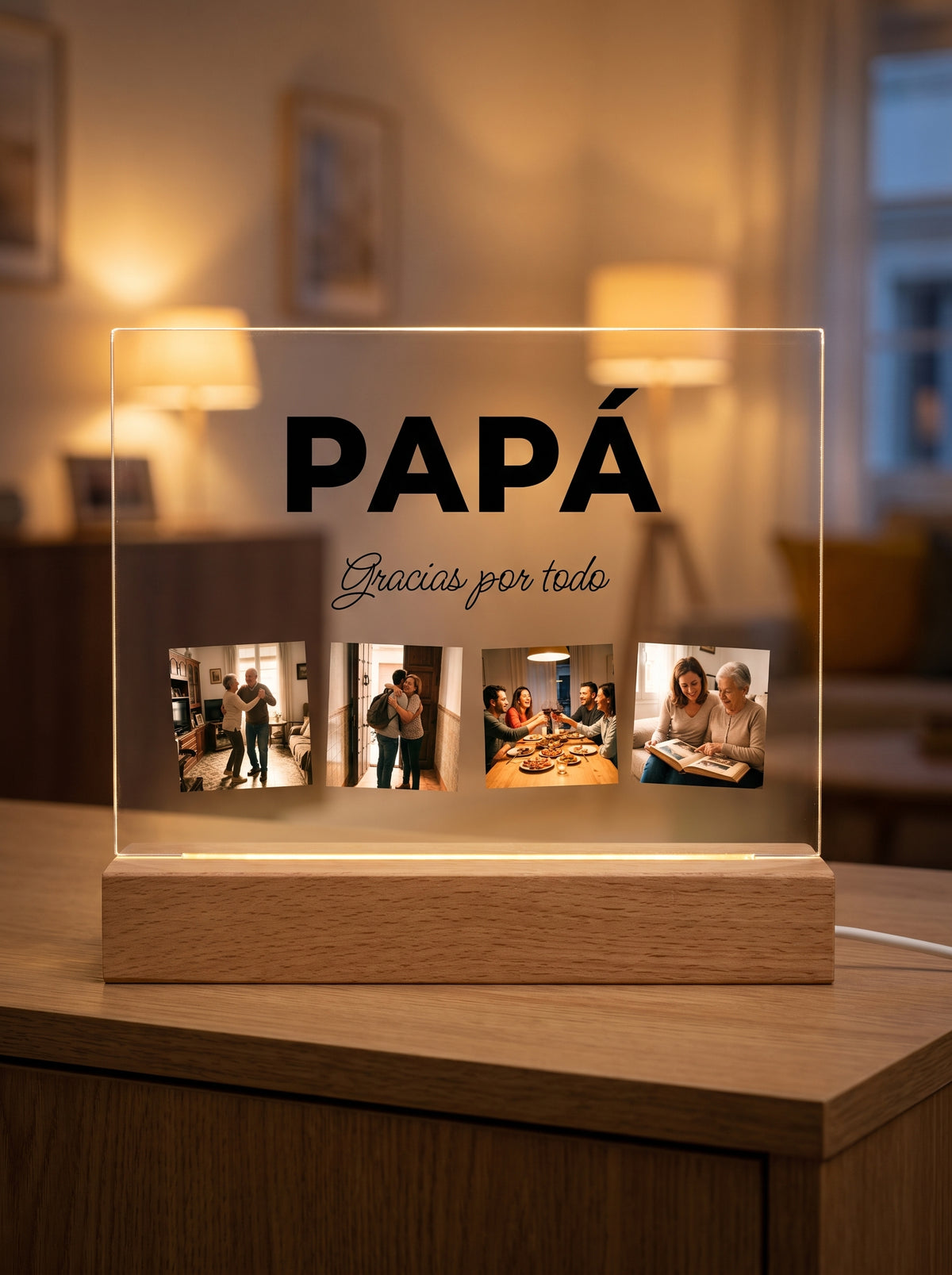 Placa de metacrilato personalizada con la palabra y cuatro fotos encendida sobre su base de roble con luz LED, en un salón al atardecer