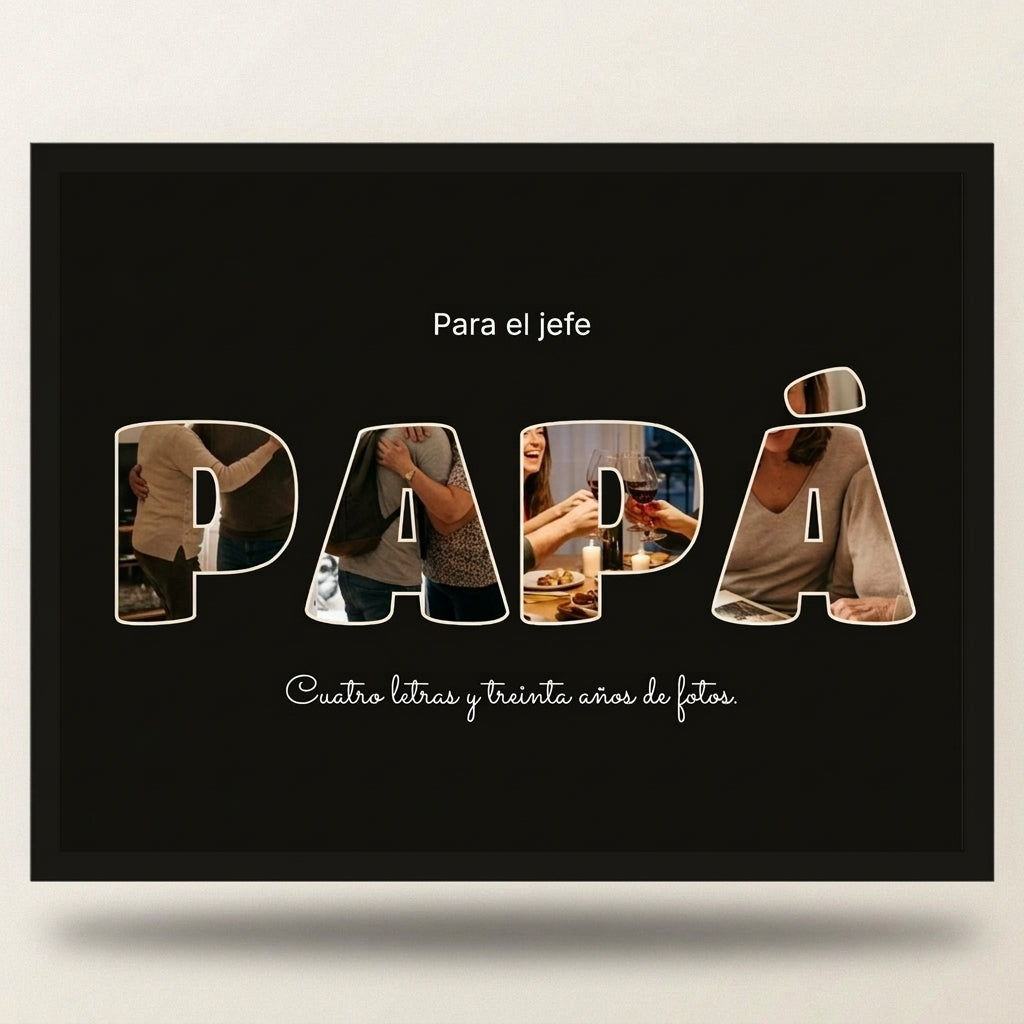 Cuadro letras con fotos personalizado del Día del Padre con marco negro, foto de estudio sobre fondo neutro