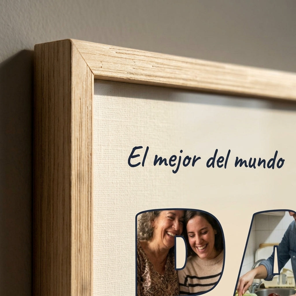 Detalle de la esquina en inglete del marco del cuadro letras con fotos personalizado del Día del Padre