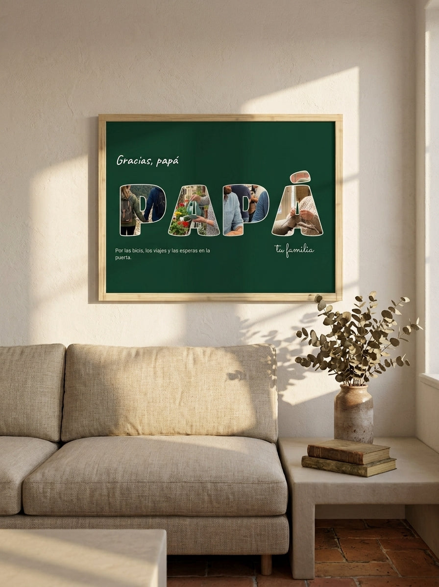 Cuadro letras con fotos personalizado del Día del Padre colgado sobre un sofá de lino en un salón cálido