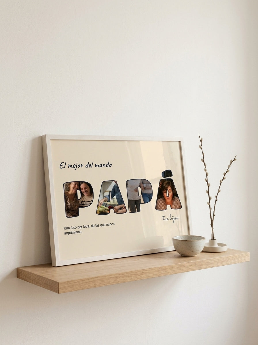 Cuadro letras con fotos personalizado del Día del Padre apoyado en una balda de roble junto a una rama seca