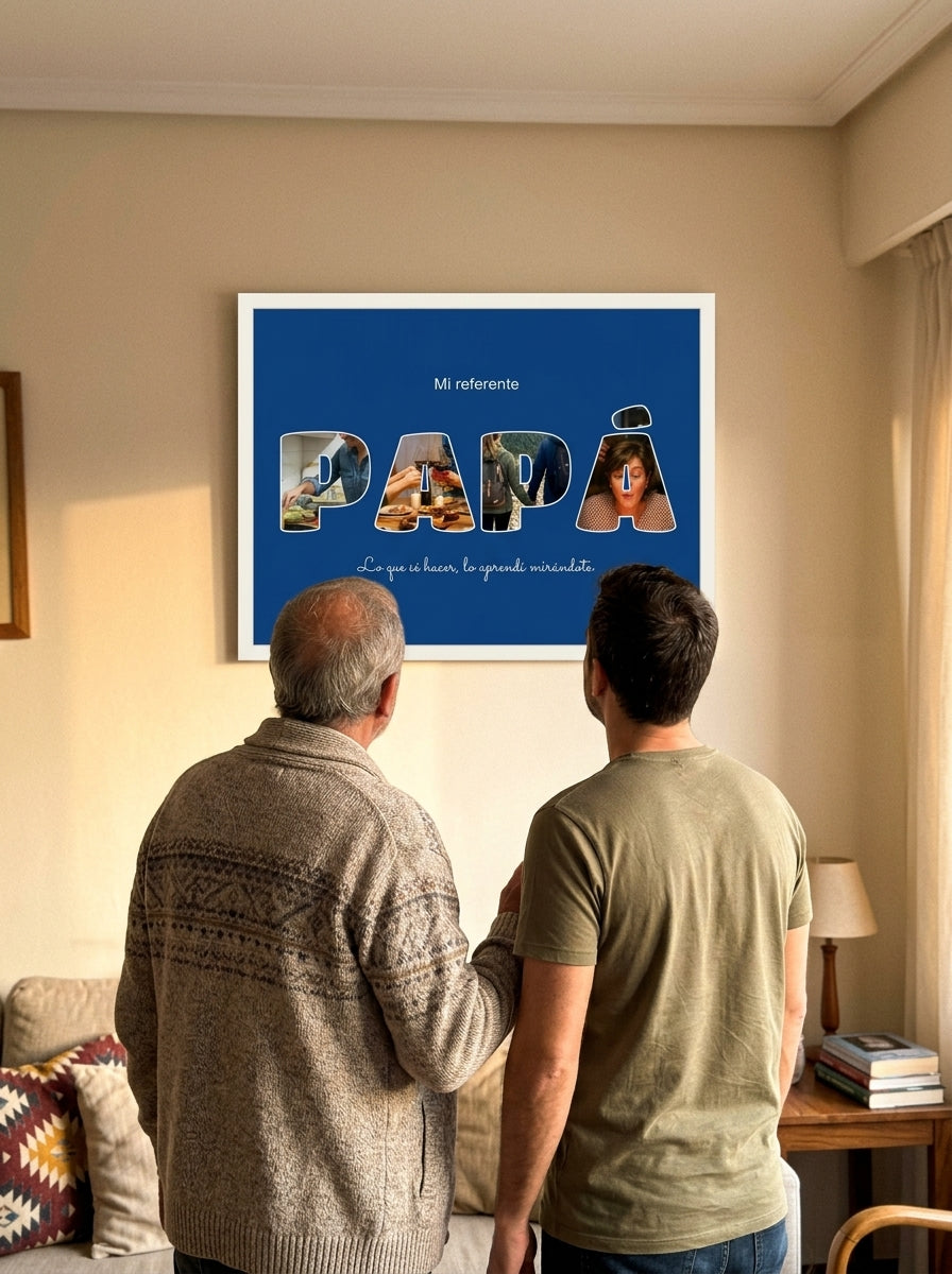 Un padre y su hijo mirando el cuadro letras con fotos personalizado del Día del Padre recién colgado