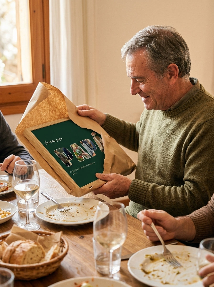 Abriendo el regalo del cuadro letras con fotos personalizado del Día del Padre en una comida familiar
