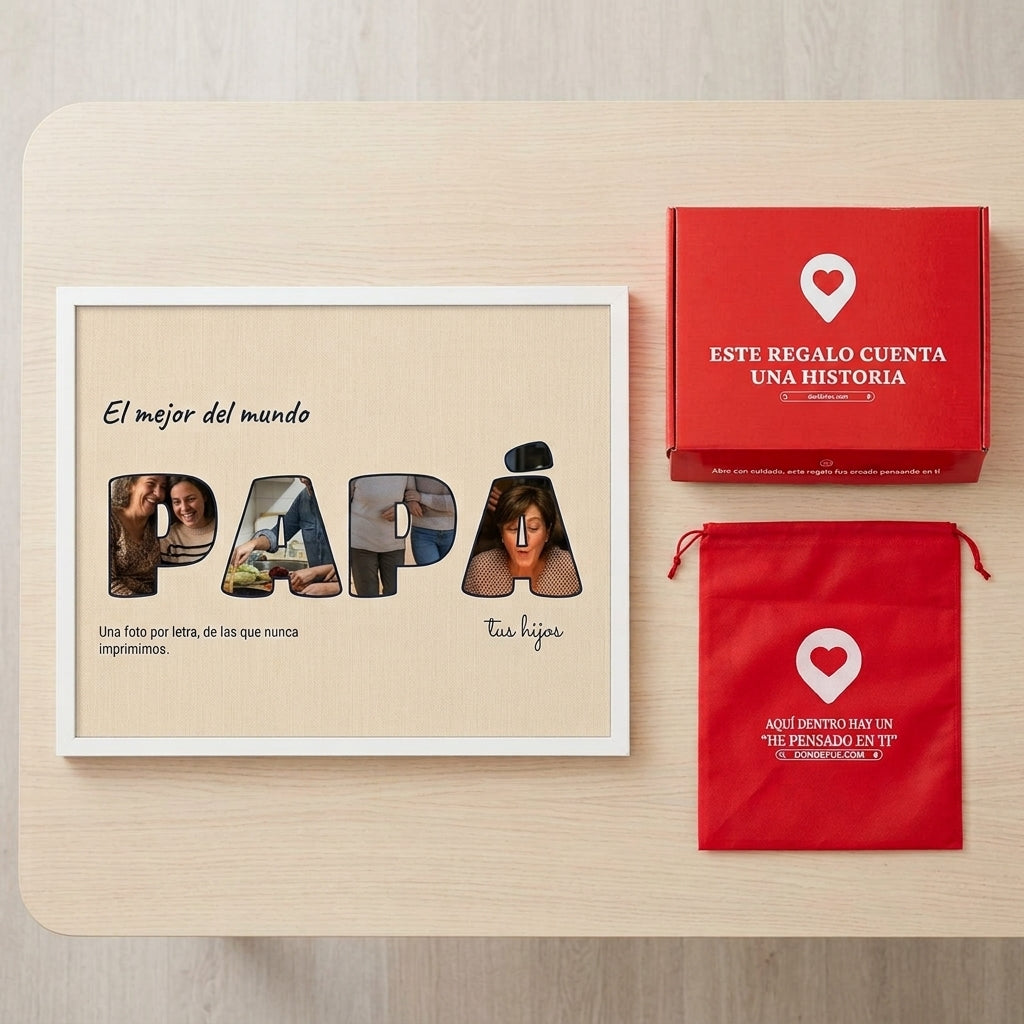 Cuadro letras con fotos personalizado del Día del Padre junto a la caja y la bolsa de regalo de Donde Fue