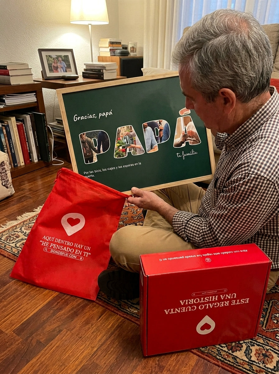 Sacando el cuadro letras con fotos personalizado del Día del Padre de la bolsa de regalo, con la caja abierta al lado