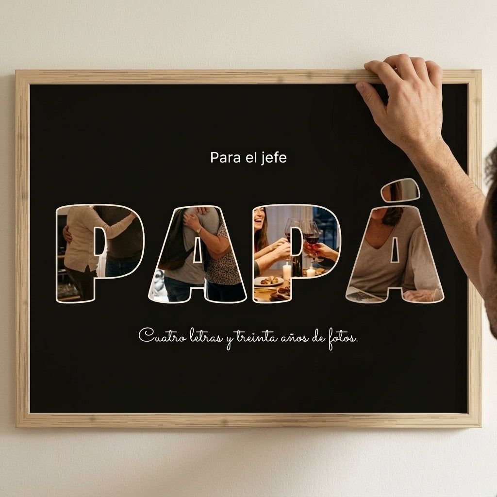 Enderezando el cuadro letras con fotos personalizado del Día del Padre recién colgado en la pared