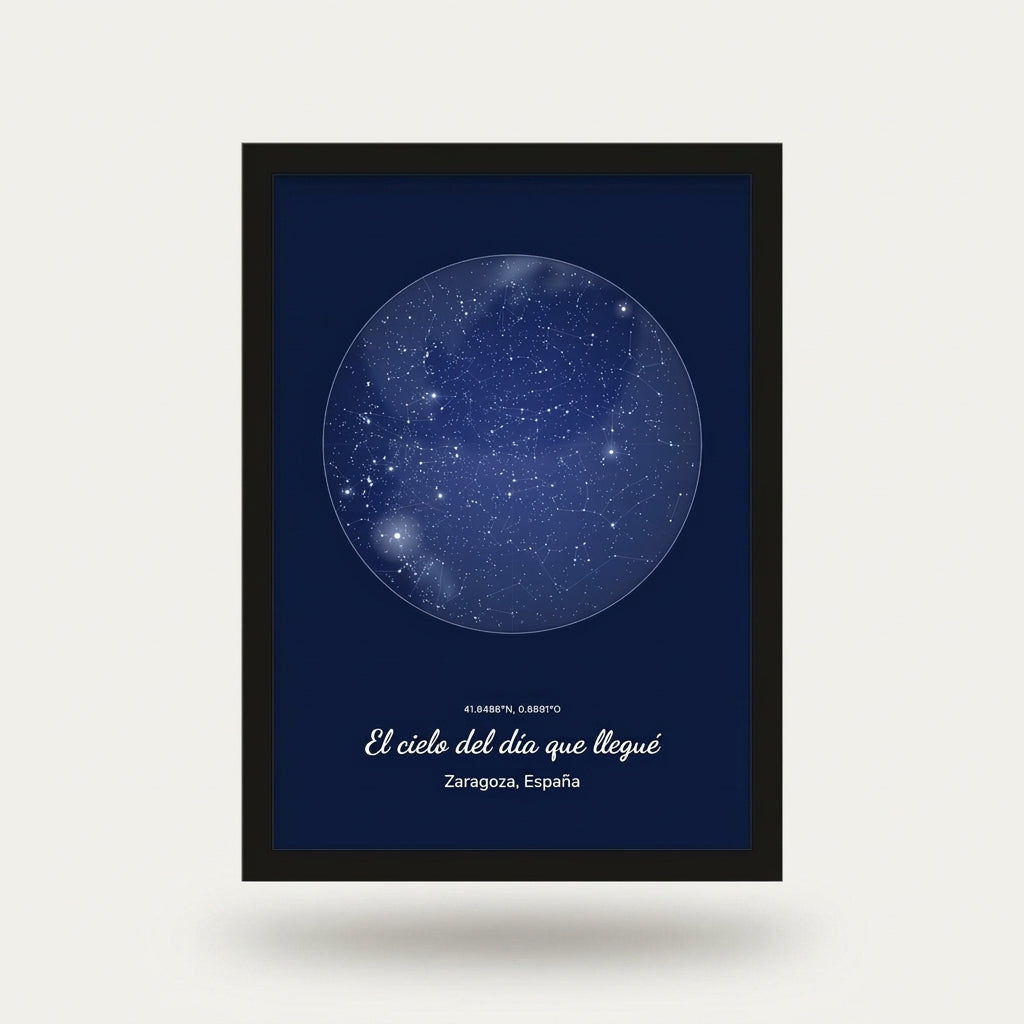 Cuadro mapa estelar personalizado del Día del Padre con marco negro, foto de estudio sobre fondo neutro