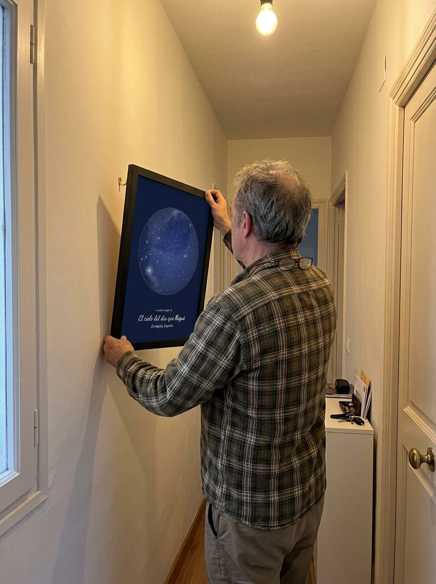 Colgando el cuadro mapa estelar personalizado del Día del Padre en la pared de casa