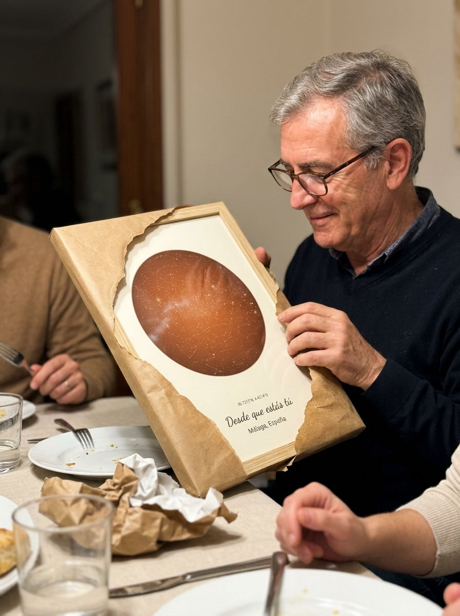 Abriendo el regalo del cuadro mapa estelar personalizado del Día del Padre en una comida familiar
