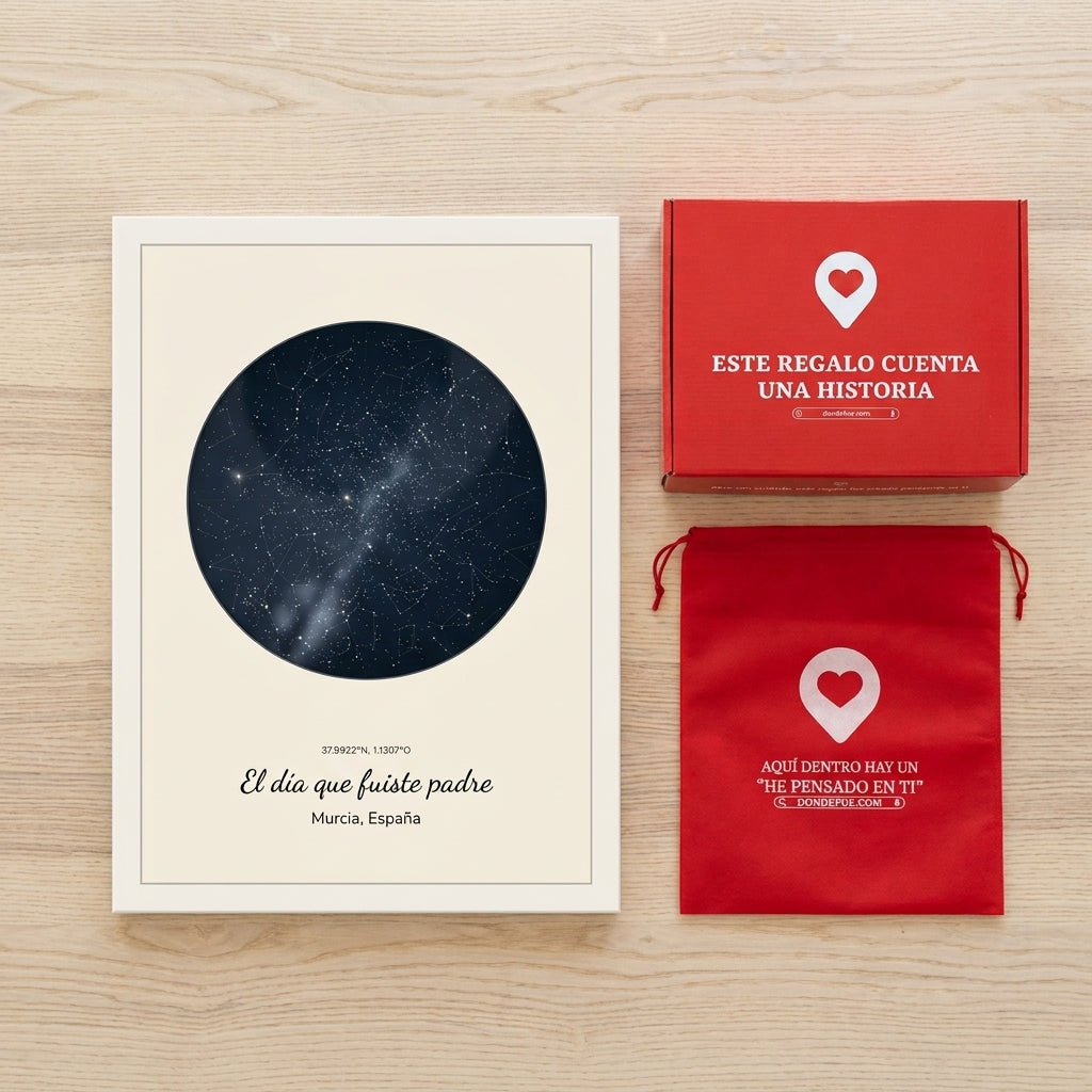 Cuadro mapa estelar personalizado del Día del Padre junto a la caja y la bolsa de regalo de Donde Fue