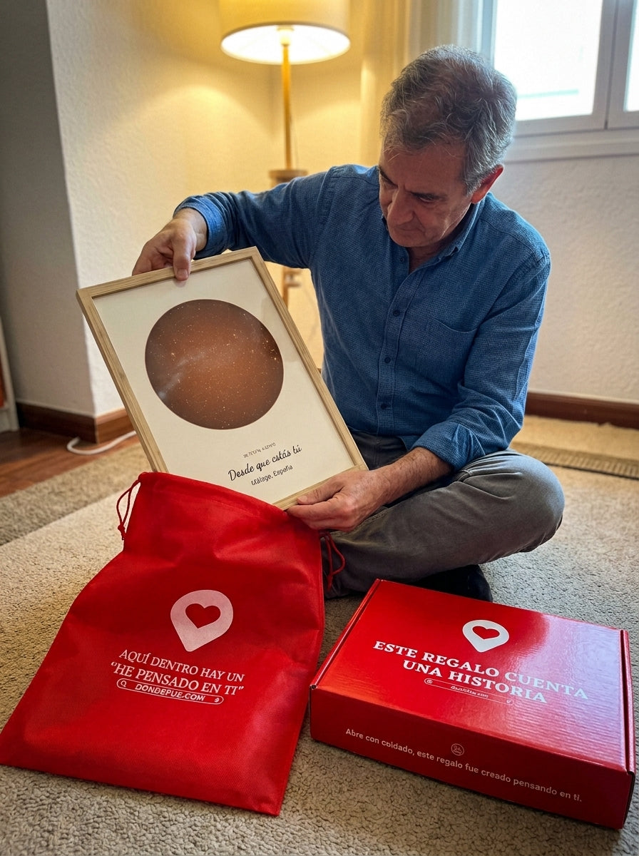 Sacando el cuadro mapa estelar personalizado del Día del Padre de la bolsa de regalo, con la caja abierta al lado