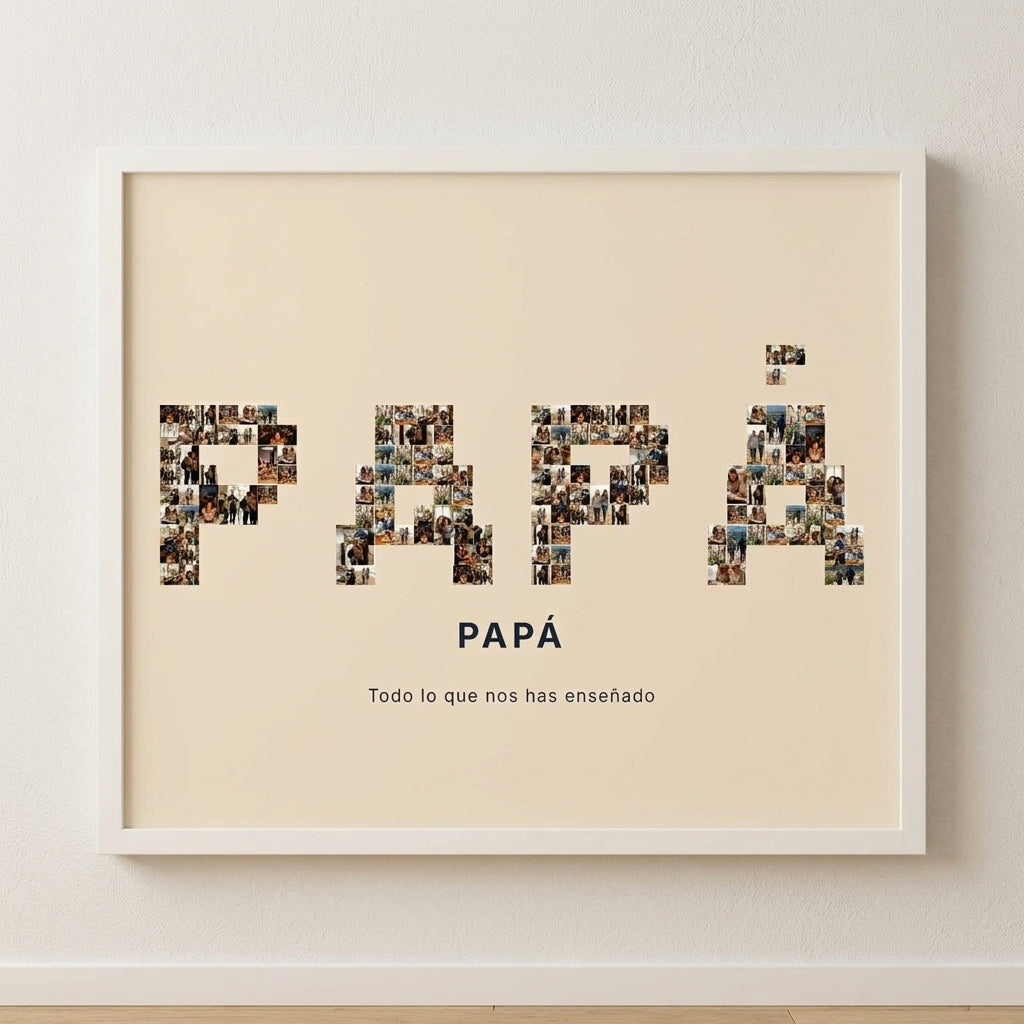 Cuadro nombre con fotos personalizado del Día del Padre con PAPÁ o ABUELO relleno de vuestras fotos, colgado en una pared clara