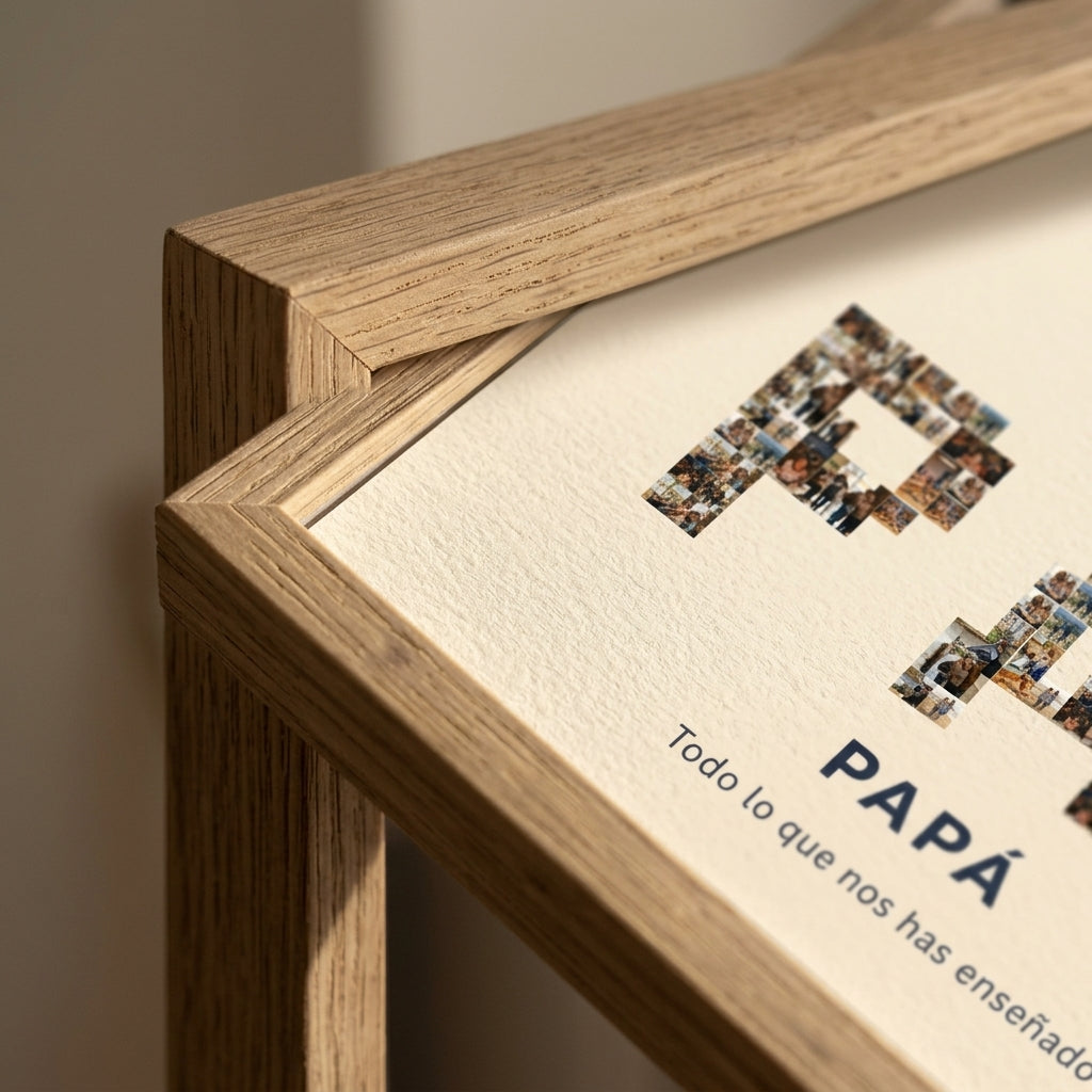Detalle de la esquina en inglete del marco del cuadro nombre con fotos personalizado del Día del Padre