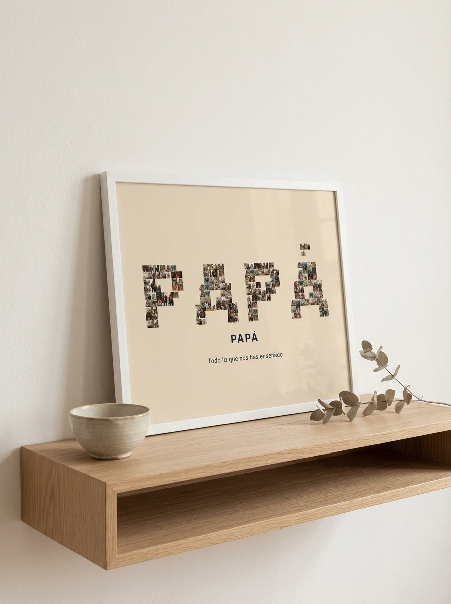 Cuadro nombre con fotos personalizado del Día del Padre apoyado en una balda de roble junto a una rama seca