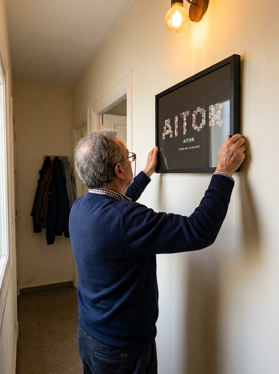 Colgando el cuadro nombre con fotos personalizado del Día del Padre en la pared de casa