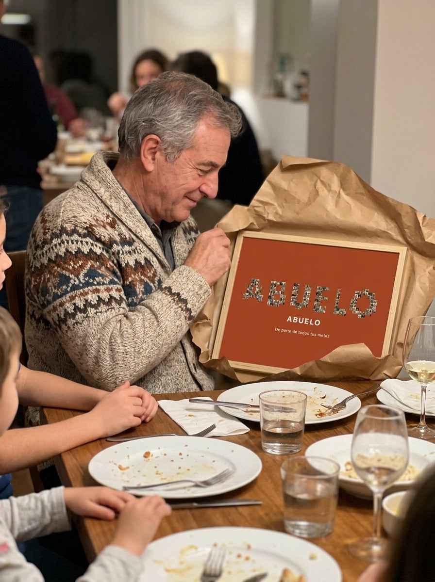 Abriendo el regalo del cuadro nombre con fotos personalizado del Día del Padre en una comida familiar