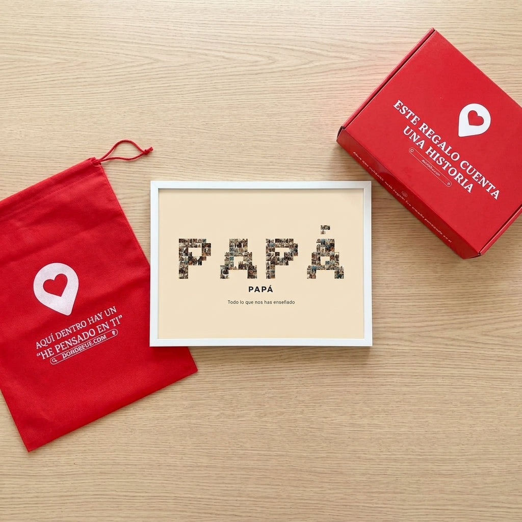 Cuadro nombre con fotos personalizado del Día del Padre junto a la caja y la bolsa de regalo de Donde Fue
