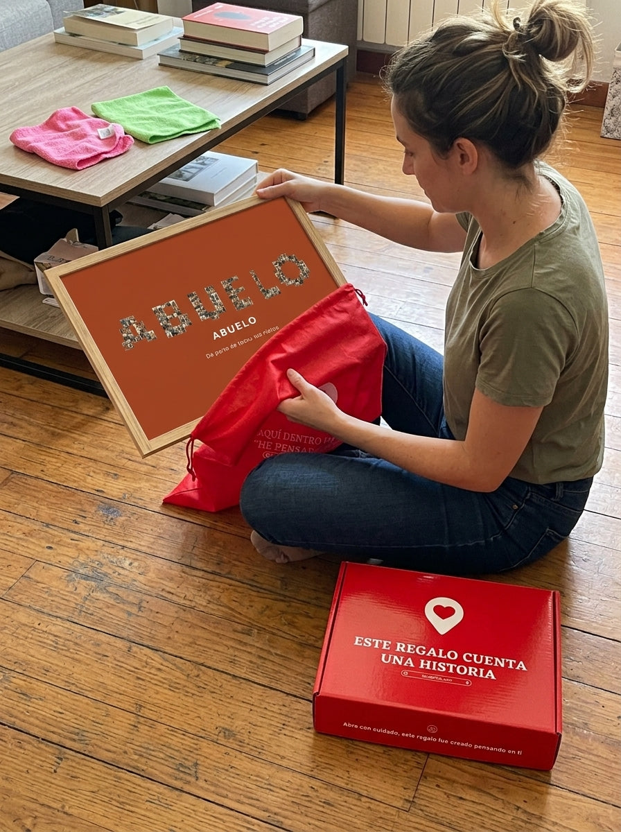 Sacando el cuadro nombre con fotos personalizado del Día del Padre de la bolsa de regalo, con la caja abierta al lado
