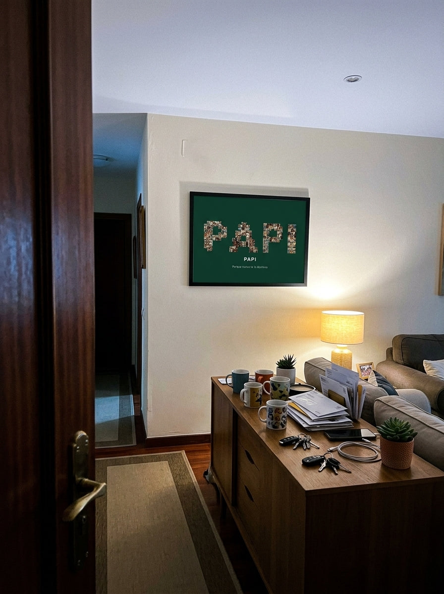 El cuadro nombre con fotos personalizado del Día del Padre visto desde la puerta del salón