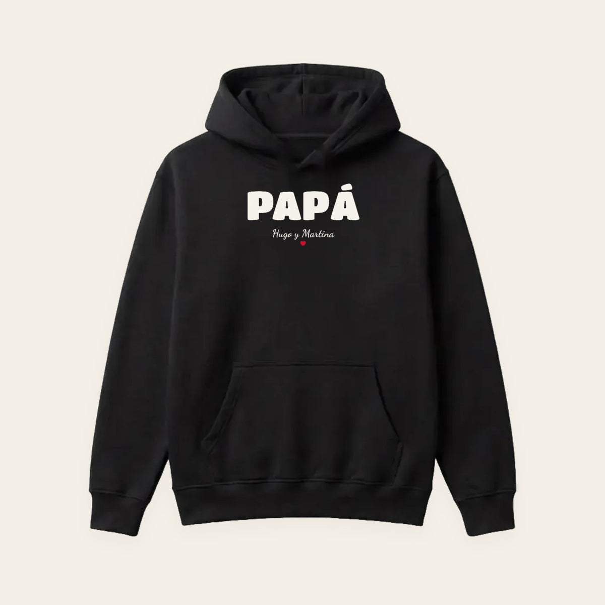 Sudadera con capucha negra personalizada con PAPÁ en letra gorda retro y los nombres de sus hijos, Hugo y Martina, estampado en el pecho