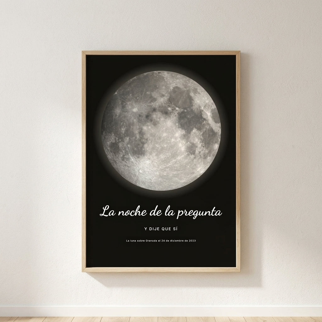 Cuadro fase lunar personalizado de pedida de mano con la luna de la noche de la pedida, colgado en una pared clara