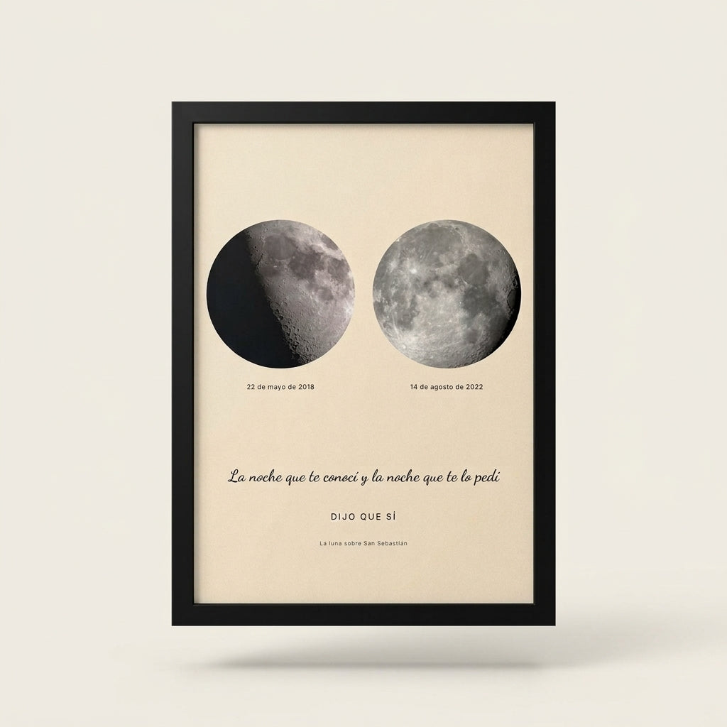 Cuadro fase lunar personalizado de pedida de mano con marco negro, foto de estudio sobre fondo neutro