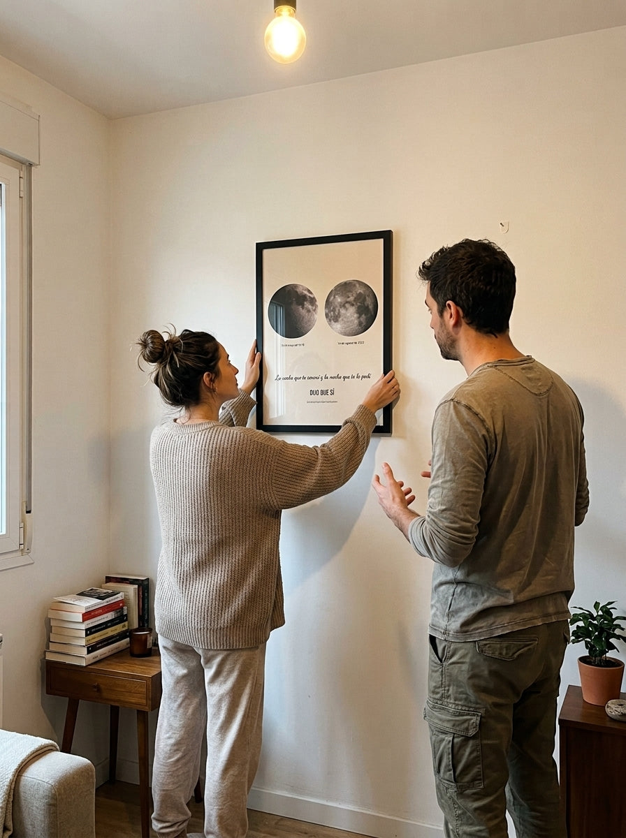Colgando el cuadro fase lunar personalizado de pedida de mano en la pared de casa
