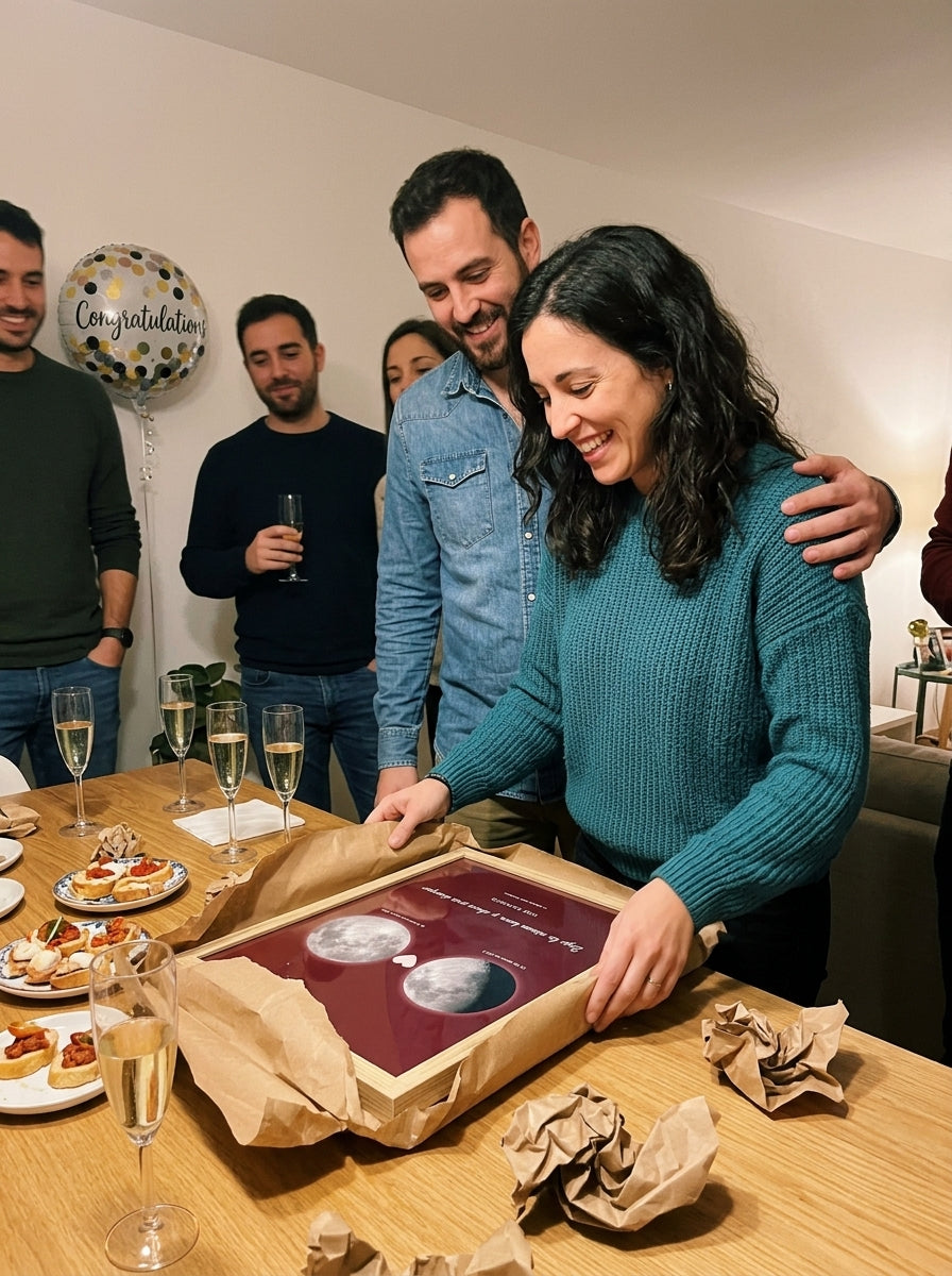 Abriendo el regalo del cuadro fase lunar personalizado de pedida de mano en una comida familiar