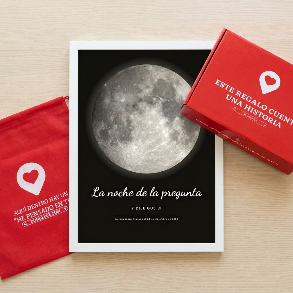 Cuadro fase lunar personalizado de pedida de mano junto a la caja y la bolsa de regalo de Donde Fue
