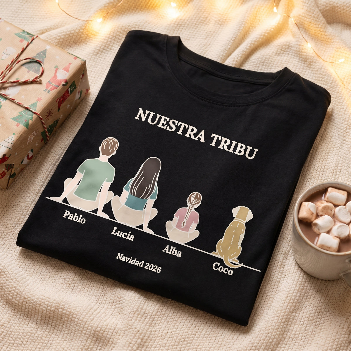 Pijama de Navidad «Nuestra tribu» personalizado, doblado con un regalo