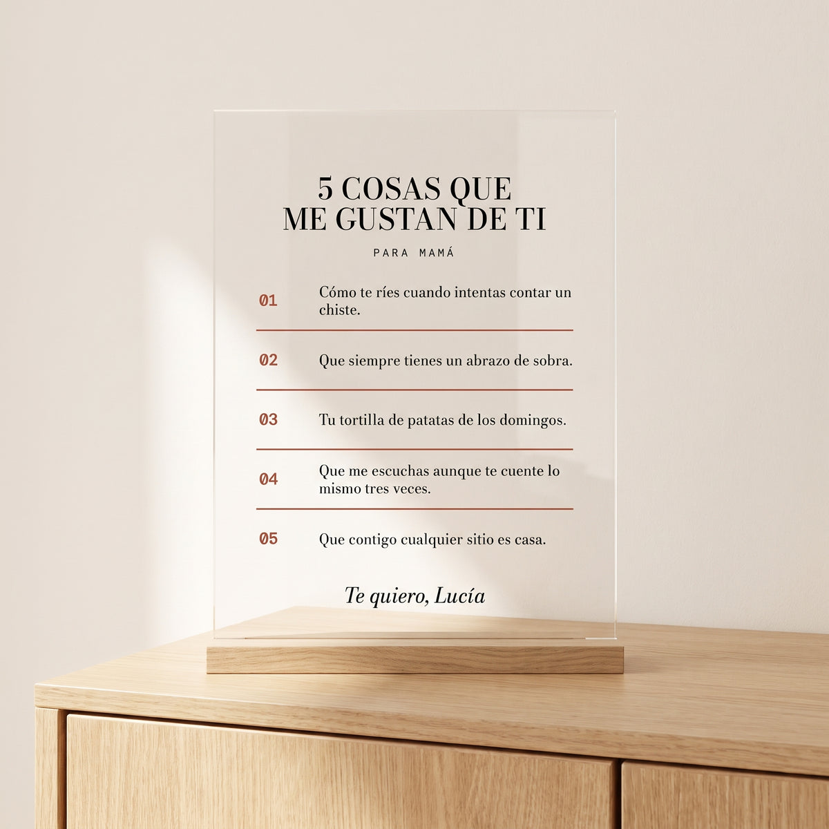 Placa «5 cosas que me gustan de ti» personalizada, impresa en UV, de frente