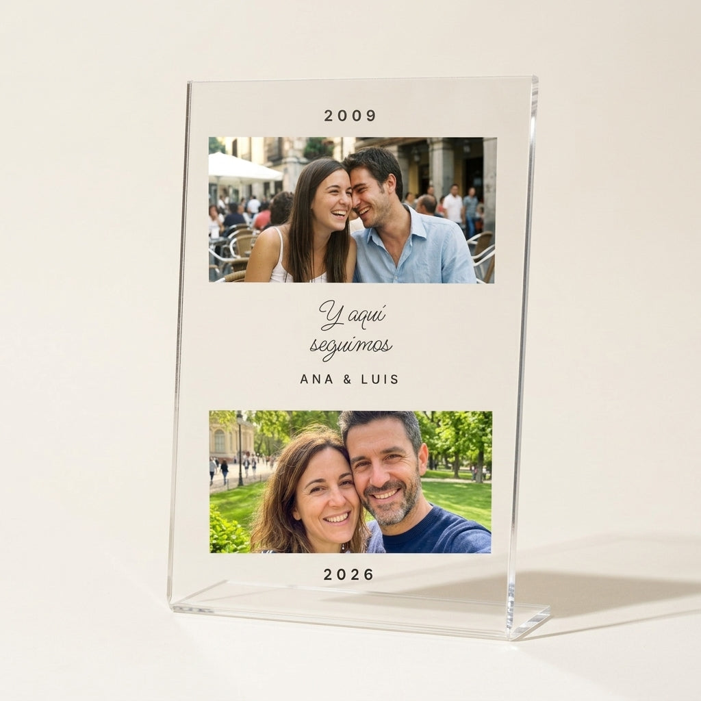 Placa personalizada con la primera foto de la pareja y la de hoy, una encima de otra, con sus años
