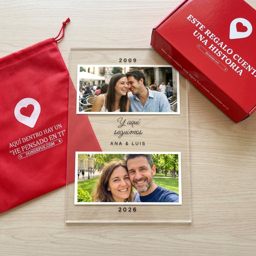 Placa «Antes y ahora» con su caja roja y su bolsa de regalo