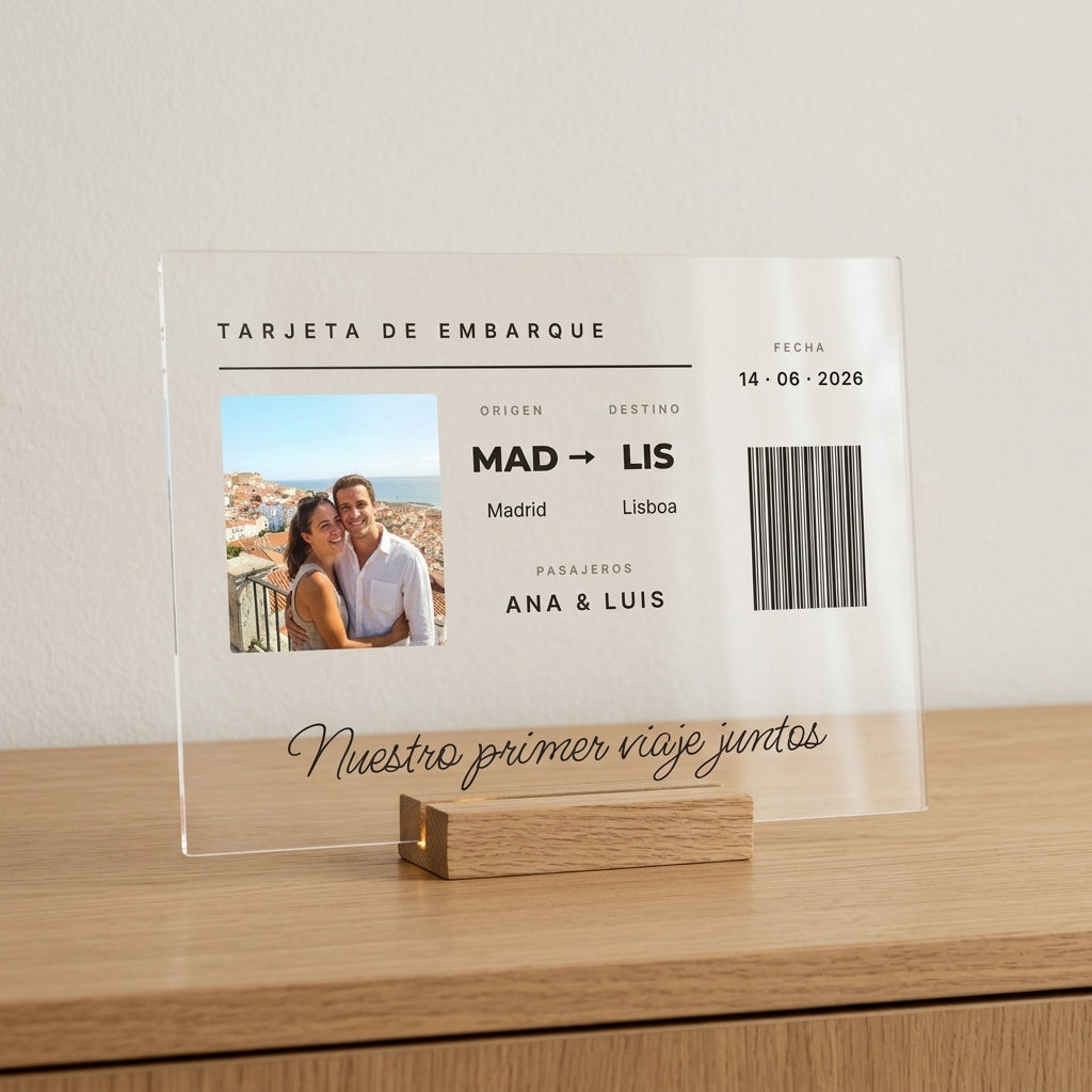Placa de metacrilato tarjeta de embarque con la foto del viaje, Madrid a Lisboa, los pasajeros y la fecha