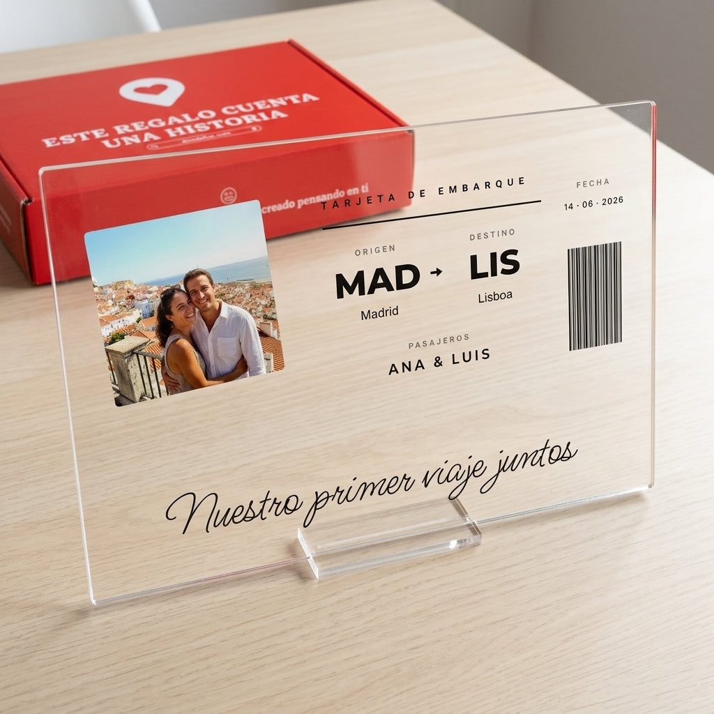 Placa tarjeta de embarque con su caja roja de regalo