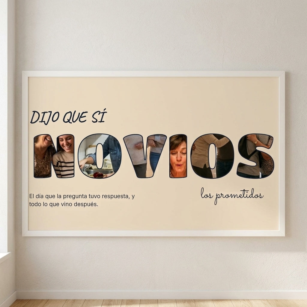 Cuadro letras con fotos personalizado de pedida de mano con una foto dentro de cada letra, colgado en una pared clara