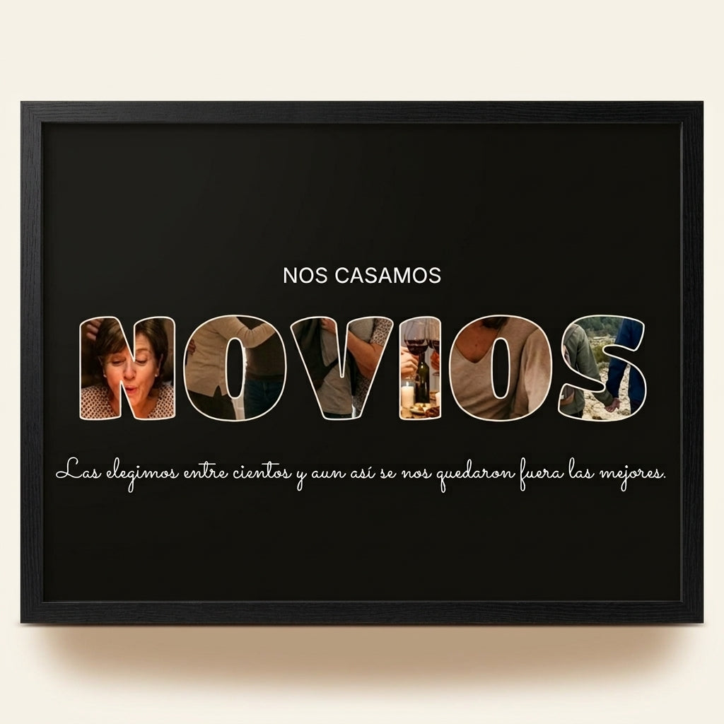 Cuadro letras con fotos personalizado de pedida de mano con marco negro, foto de estudio sobre fondo neutro
