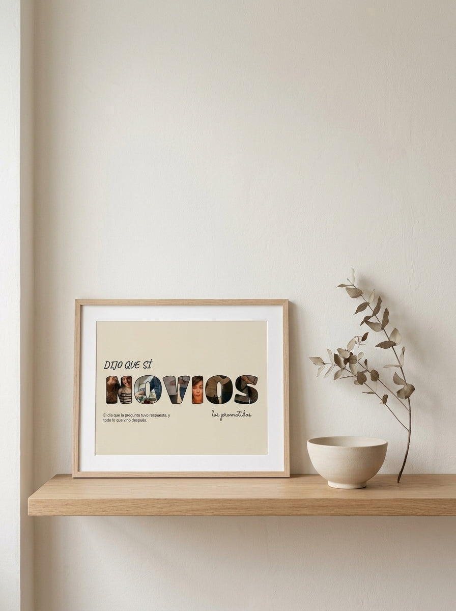 Cuadro letras con fotos personalizado de pedida de mano apoyado en una balda de roble junto a una rama seca