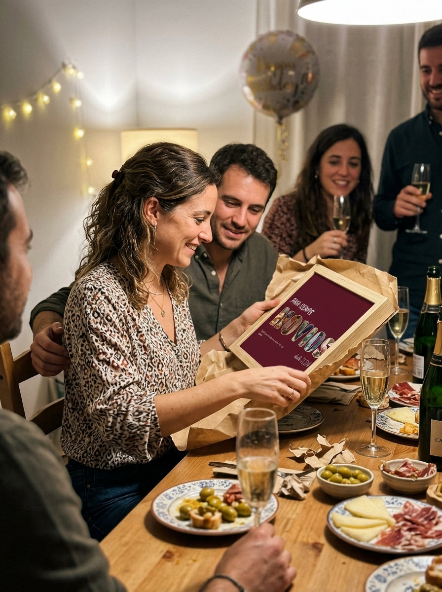 Abriendo el regalo del cuadro letras con fotos personalizado de pedida de mano en una comida familiar