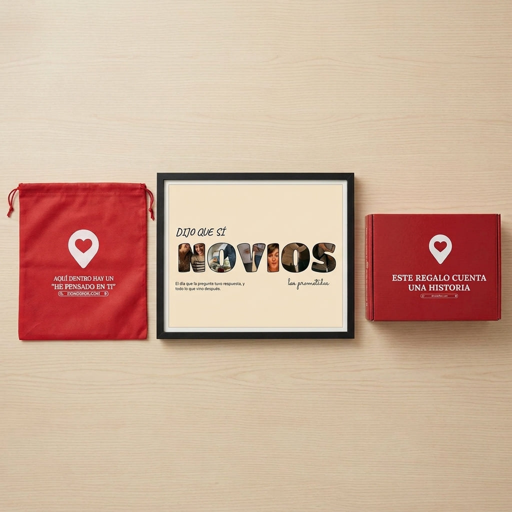 Cuadro letras con fotos personalizado de pedida de mano junto a la caja y la bolsa de regalo de Donde Fue