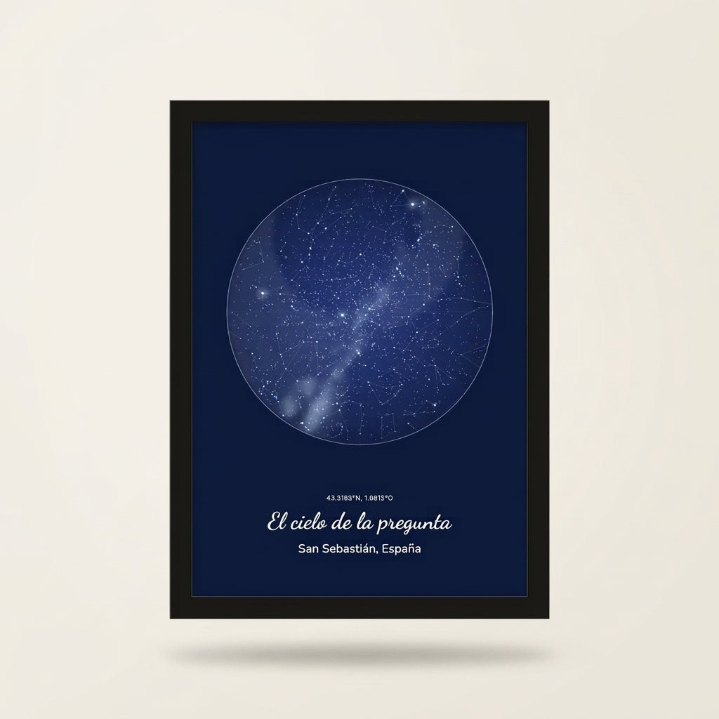 Cuadro mapa estelar personalizado de pedida de mano con marco negro, foto de estudio sobre fondo neutro