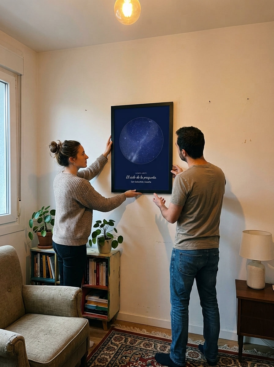 Colgando el cuadro mapa estelar personalizado de pedida de mano en la pared de casa